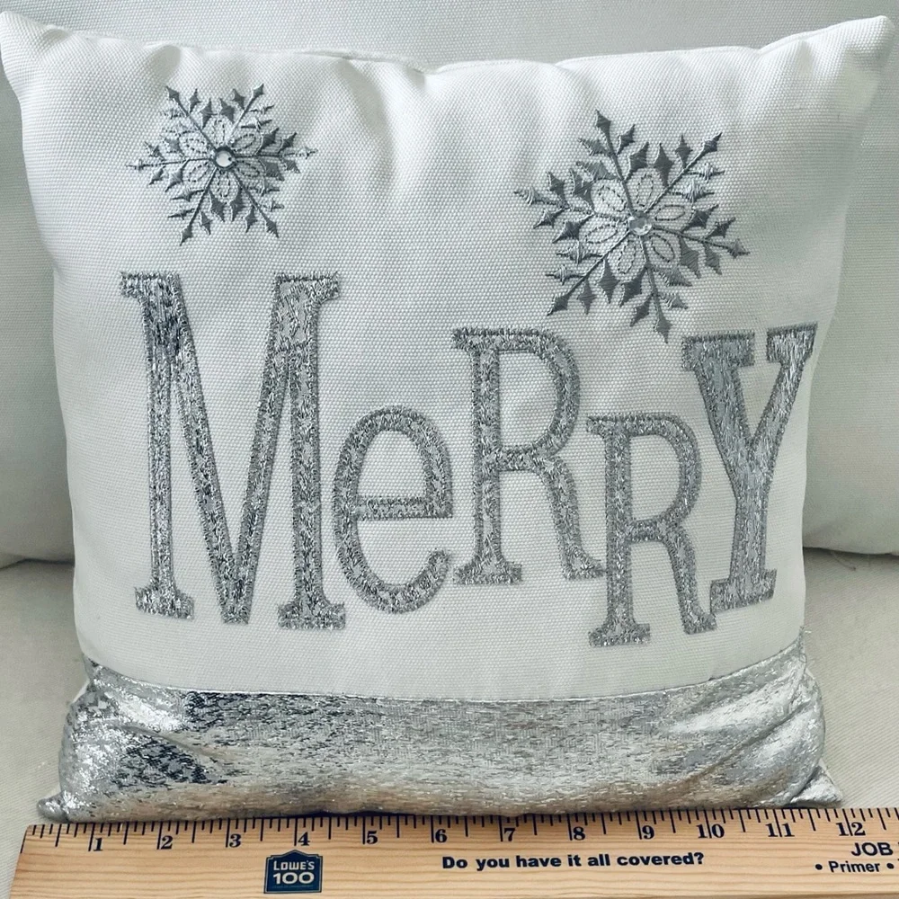 “Merry” silver metallic embroidered on white snowflake holiday Christmas pillow